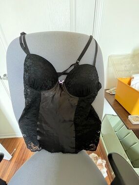 Black Lace Bustier Chemise with Satin Front Panel